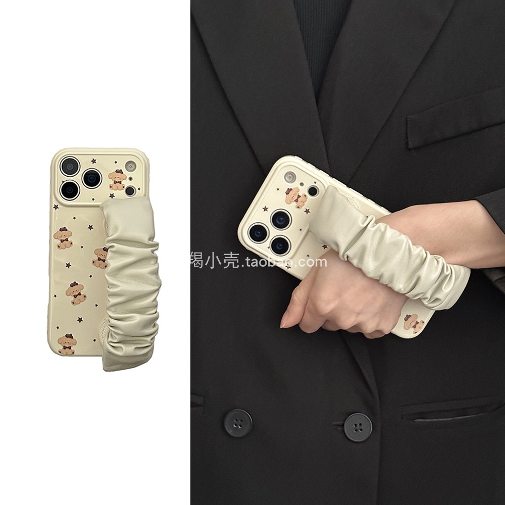 韩版ins可爱奶茶棕小熊肥肠手腕带17promax适用于iphone15pro手机壳便携式14pm苹果16少女心12防摔13软套
