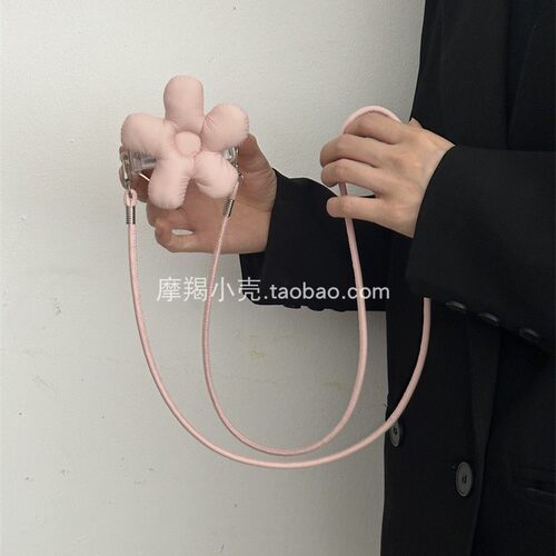 韩版ins粉色羽绒花朵手机壳背夹斜挎挂绳少女心手机夹扣斜挎通用