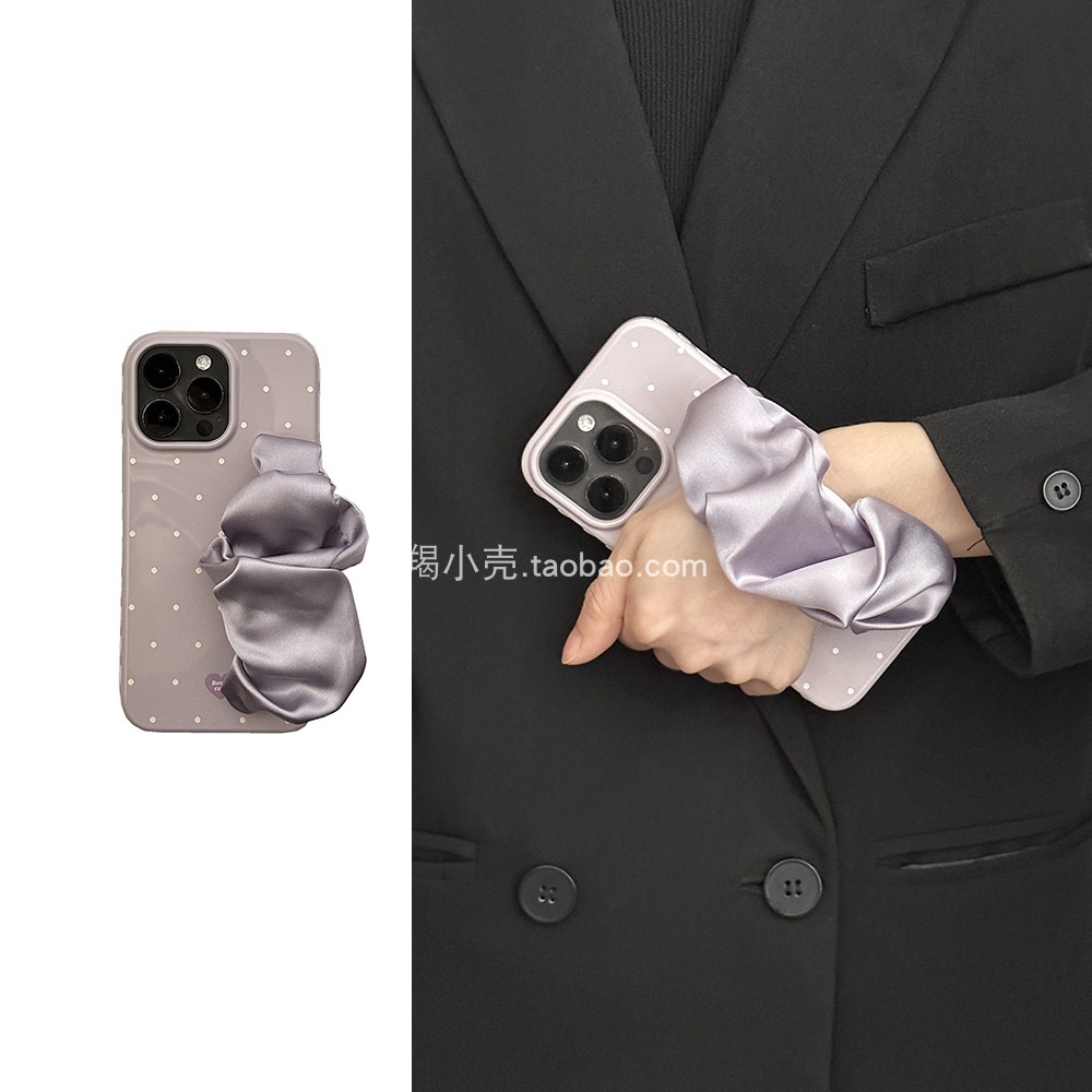 小众爱心边框设计灰紫波点丝巾手腕带17promax手机壳适用于iphone15promax软胶16新款14pm苹果全包13软套