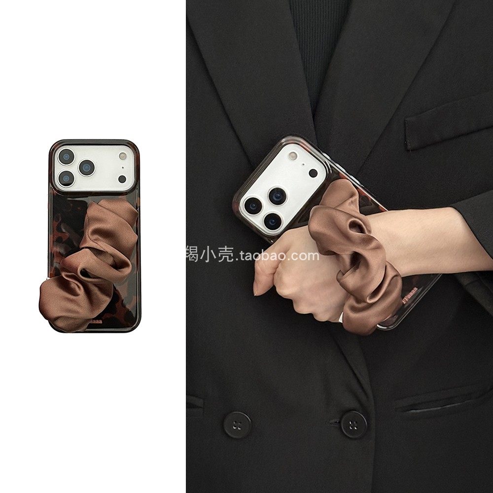秋冬复古时髦琥珀豹纹棕咖弹力丝巾手腕带17promax手机壳适用于iphone15promax高级感16新款14pm苹果全包13女