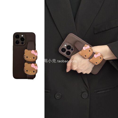 复古深咖棕kitty猫手腕带机壳17promax/16pro适用于iphone15pro便携式手腕14pm苹果12/11全包13女