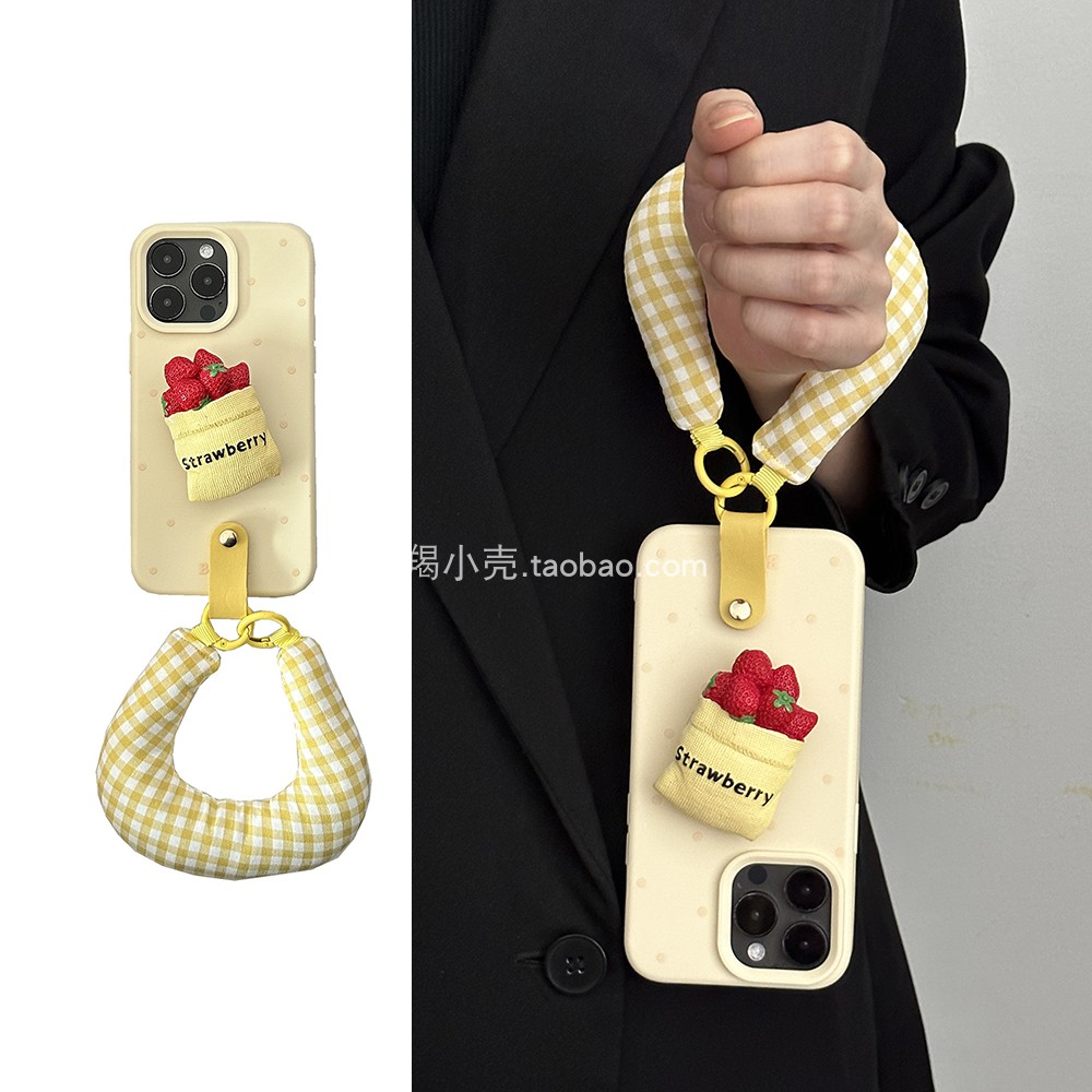 原创小众一袋草莓立体支架手腕带16pro适用iphone15promax苹果14plus手机壳11格子挂绳12新款13PM
