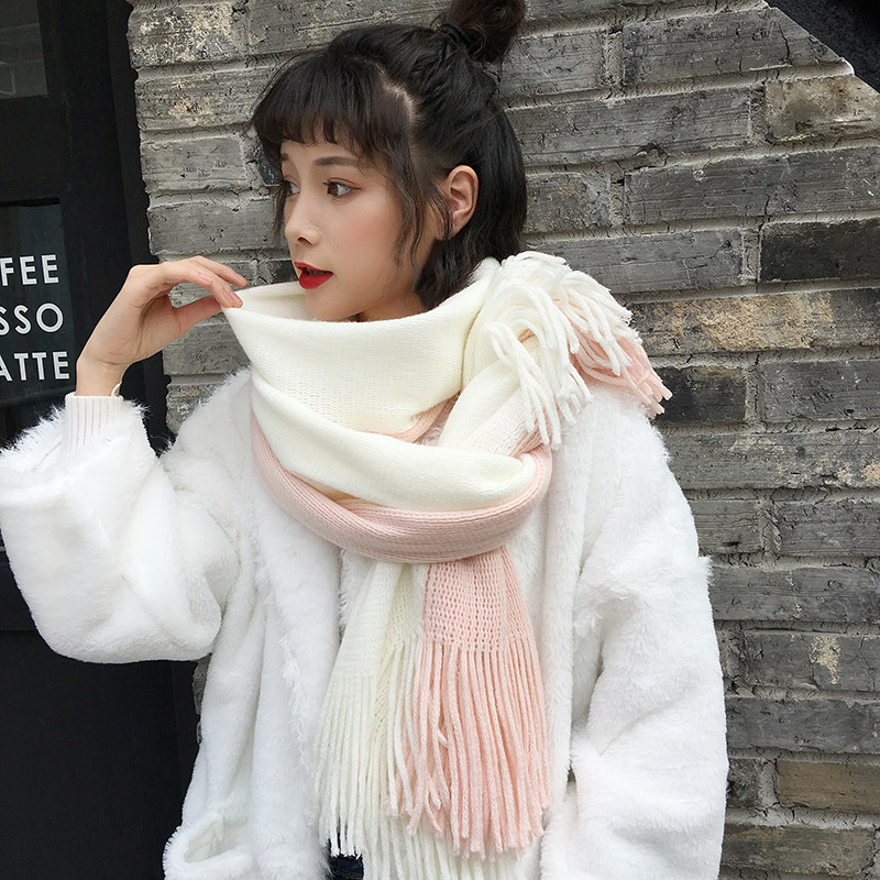 韩版百搭毛线围巾女冬天款加厚粉白色小清新仿羊绒围脖学生少女潮