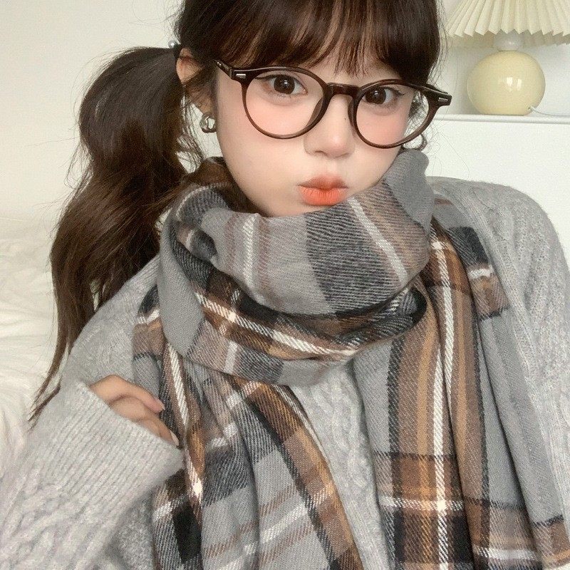 2025新款甜美可爱格子围巾女冬季氛围感日系百搭高中学生jk围脖潮