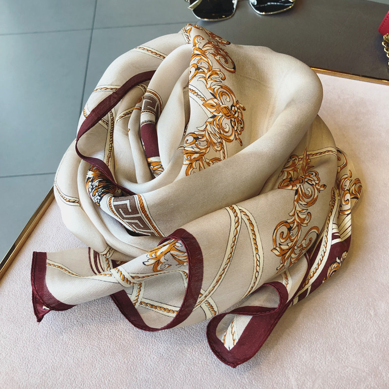 欧美复古风巴洛克狮子印花围巾女春夏桑蚕丝真丝丝巾长款丝巾披肩