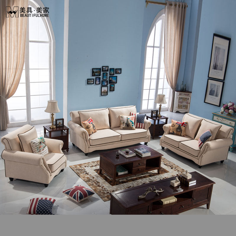 简约美式田园乡村沙发布艺组合双三人位小户型组合地中海麻棉羽绒