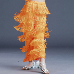 夏季新拉丁舞恰恰桑巴少儿女童桔色拉丁表演比赛流苏裤子装舞蹈裤