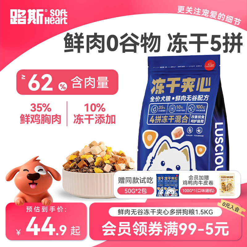 路斯四拼冻干狗粮1.5kg*5赠鸭肉卷100g 118元 - 线报酷