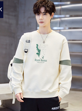 TEEK秋冬季纯棉男装卫衣 羽毛印花青少年中学生加厚长袖T恤加绒潮