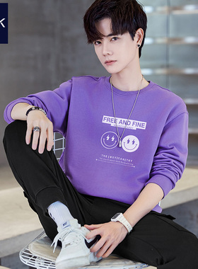 TEEK春季深紫色纯棉卫衣男笑脸印花 长袖T恤青少年港风帅气上衣服