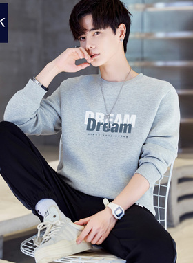 TEEK新款花灰色纯棉男装卫衣 2026春季大学生长袖T恤帅气落肩上衣