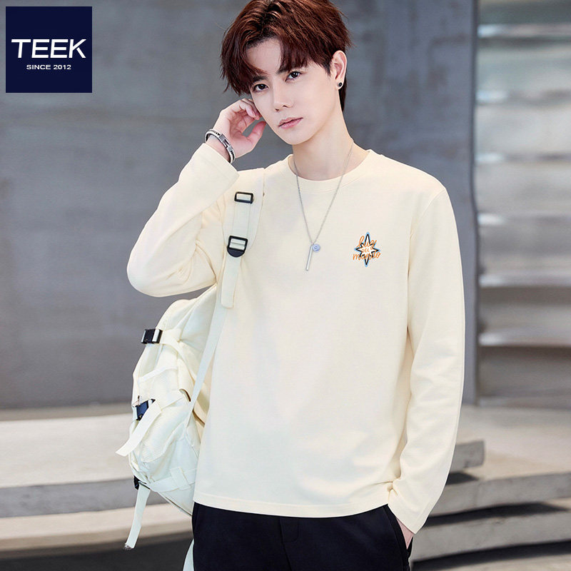 TEEK秋季奶杏色长袖T恤男 高品质内搭高中生日系简约打底衫上衣服