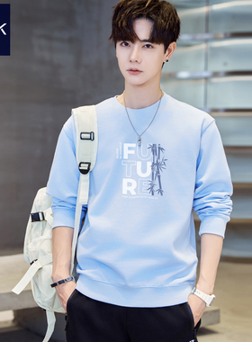 TEEK青少年天蓝色卫衣男士秋冬 纯棉长袖T恤国潮竹子加绒加厚内搭