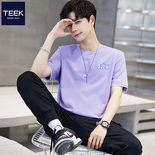 夏季 帅气青少年学生韩版 纯棉 新款 男装 潮流半袖 TEEK浅紫色T恤短袖