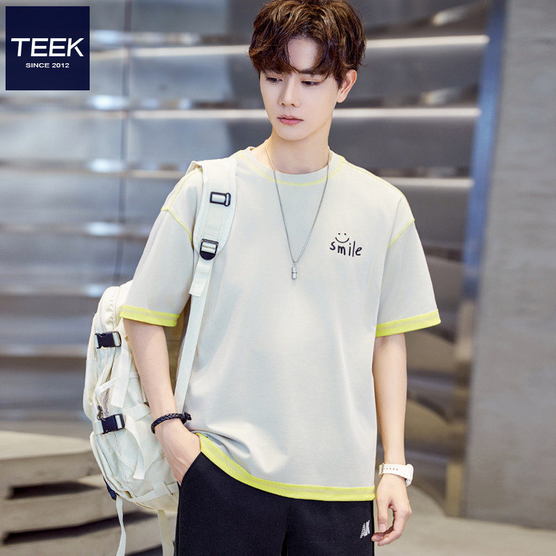 TEEK速干短袖男T恤夏季拼色假两件 冰感青年夏装宽松落肩半袖衣服