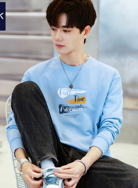 TEEK秋冬季帅气浅蓝色男装卫衣纯棉 冰蓝加厚学生冬装加绒长袖T恤