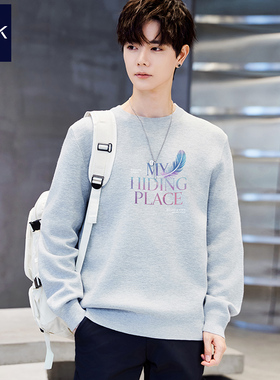 TEEK灰色针织衫男士毛衣秋冬季内搭线衣羽毛印花大学生简约上衣服