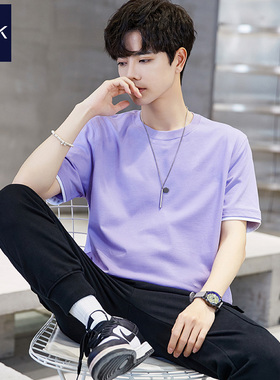 夏季香芋浅紫色短袖男士T恤假两件 高级感纯棉纯色学生紫罗兰半袖