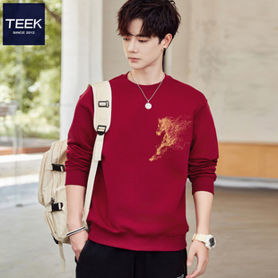 TEEK踏马流星马年本命年酒红色男装卫衣秋冬季喜庆红色加绒上衣服