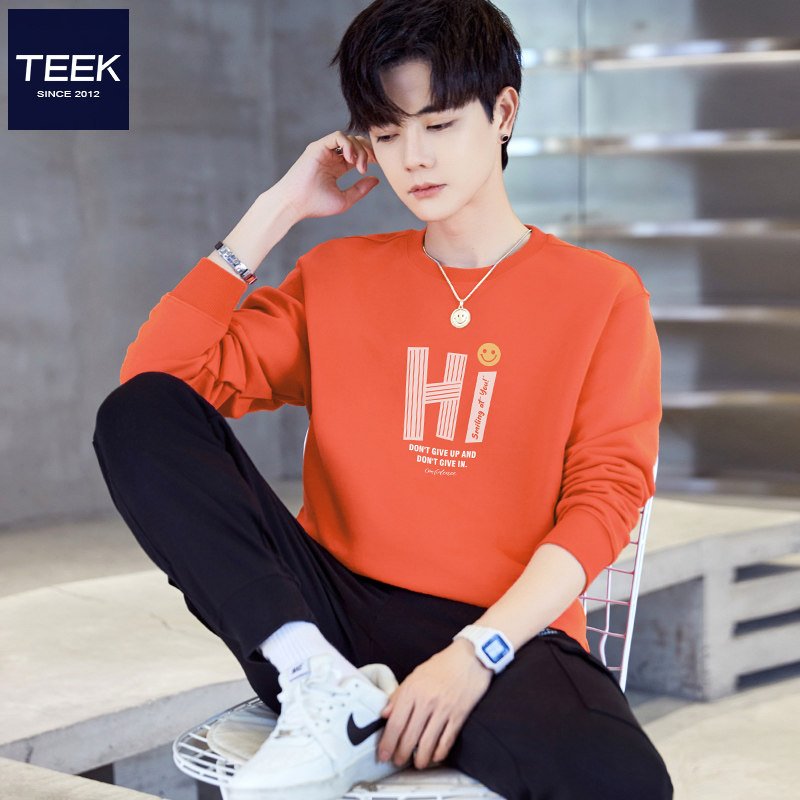 TEEK2026春季橘红色男装卫衣 纯棉趣味印花青少年长袖T恤港风衣服