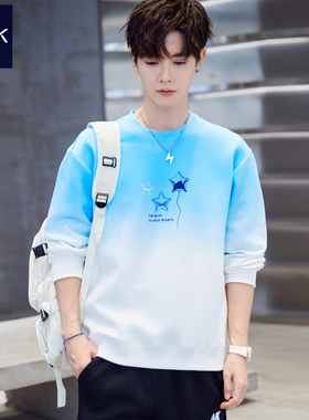 TEEK春季渐变色卫衣男装 五角星印花吊染长袖T恤拼色高中生上衣服