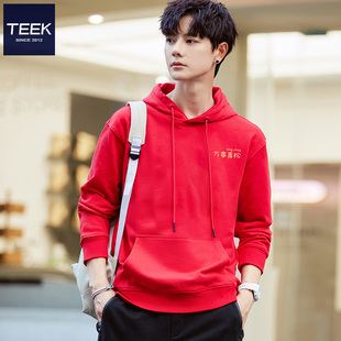 TEEK万事青松连帽男士卫衣马年本命年红色帽衫带帽喜庆纯棉上衣服