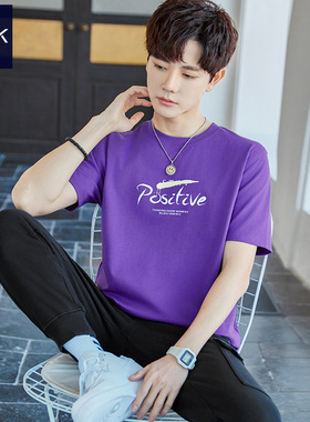TEEK夏季纯棉深紫色短袖t恤 新款设计感青少年潮流韩版体恤衫上衣