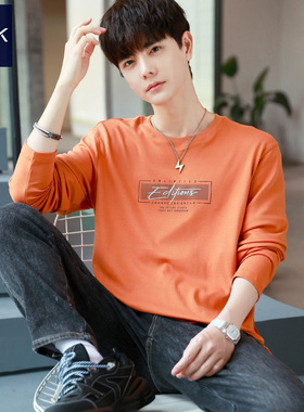 TEEK秋冬季T恤长袖男士上衣加绒 潮流帅气青少年学生橙色打底小衫