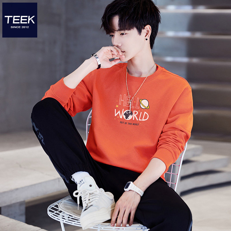 TEEK橘红色纯棉男士卫衣春季趣味印花 设计感青年潮流长袖T恤衣服
