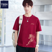T恤男 TEEK2026夏季 酒红色短袖 骏马奔腾拜年马年本命年红色上衣服