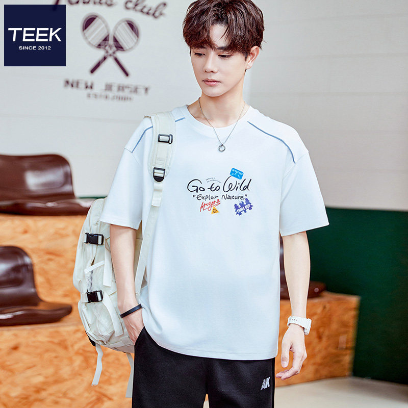 TEEK夏季速干T恤短袖男拼接 字母印花高品质宽松青年百搭半袖上衣