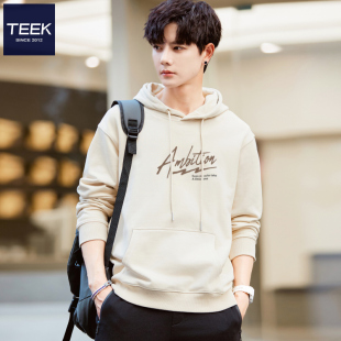 衣服 带帽青少年帅气港风帽衫 TEEK2025新款 米色连帽卫衣男纯棉秋季