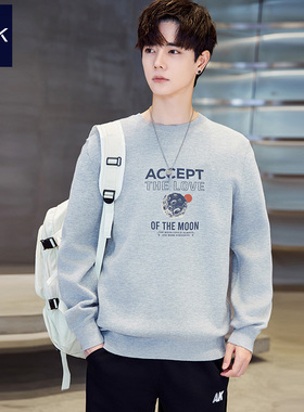 TEEK重磅花灰色圆领卫衣纯棉男生 春季月球印花长袖T恤高品质上衣