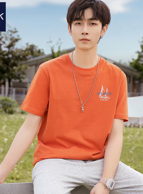 TEEK男士短袖t恤夏季 重磅橙色帅气学生半袖青少年男装帆船上衣服