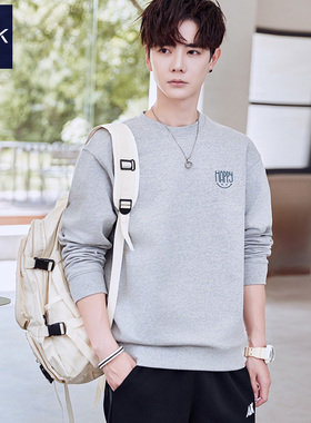 TEEK青少年花灰色男士卫衣纯棉 春季长袖T恤笑脸印花潮牌港风上衣