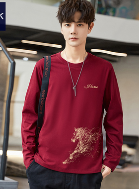 TEEK2026酒红色马年本命年长袖T恤男 秋冬季策马奔腾红色衣服打底