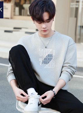 TEEK男士纯棉花灰色圆领卫衣 2026春季高品质长袖T恤大学生上衣服