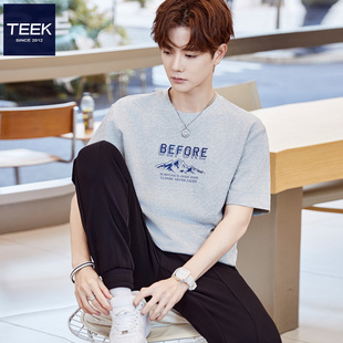 TEEK夏季短袖T恤男士花灰色 日系风大学生半袖潮牌夏装设计感上衣