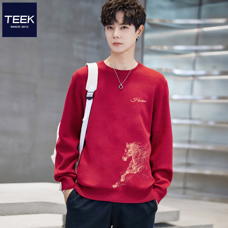 TEEK踏马流星2026新年酒红色马年本命年毛衣针织衫男红色线衣衣服