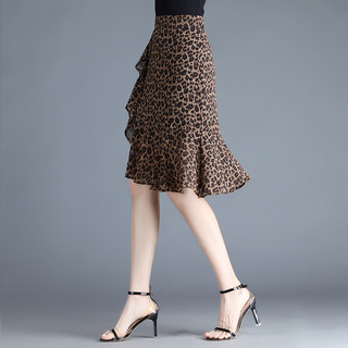 豹纹雪纺半身裙女夏2023新款高腰不规则荷叶边一步包臀裙鱼尾短裙