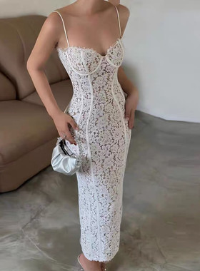 欧美风吊带性感法式水溶蕾丝连衣裙包臀小众设计开叉高级长裙