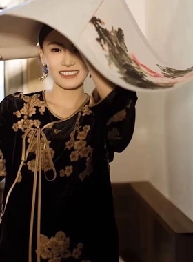 国风新中式老钱风时髦印花富婆穿搭上衣新款超好看丝绒烂花衬衣