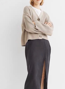铜氨丝 HM女装半身裙2023春季法式时尚高腰开衩莱赛尔气质长裙