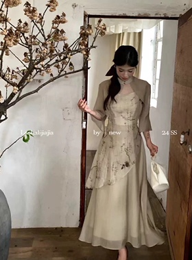 新款新中式国风开衫吊带连衣裙两件套女高级感气质套装天丝超亲肤