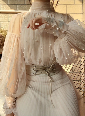 2024时尚精致重工钉珠珍珠网纱透视上衣 超仙 仙女纱