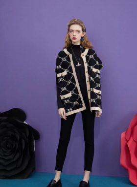 法式复古老花坎肩叠穿针织开衫外套女春秋宽松毛衣马甲背心外搭