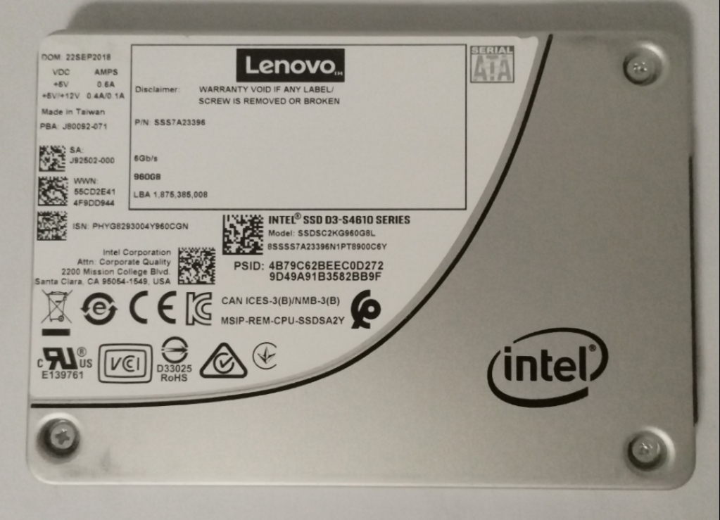 Lenovo 960G SATA SSD7A23396 SSDSC2KG9608L服务器SSD提供测报