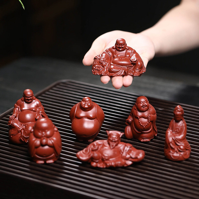 宜兴紫砂茶宠弥勒佛观音财神爷小摆件人物布袋佛雕塑香插陶瓷工艺