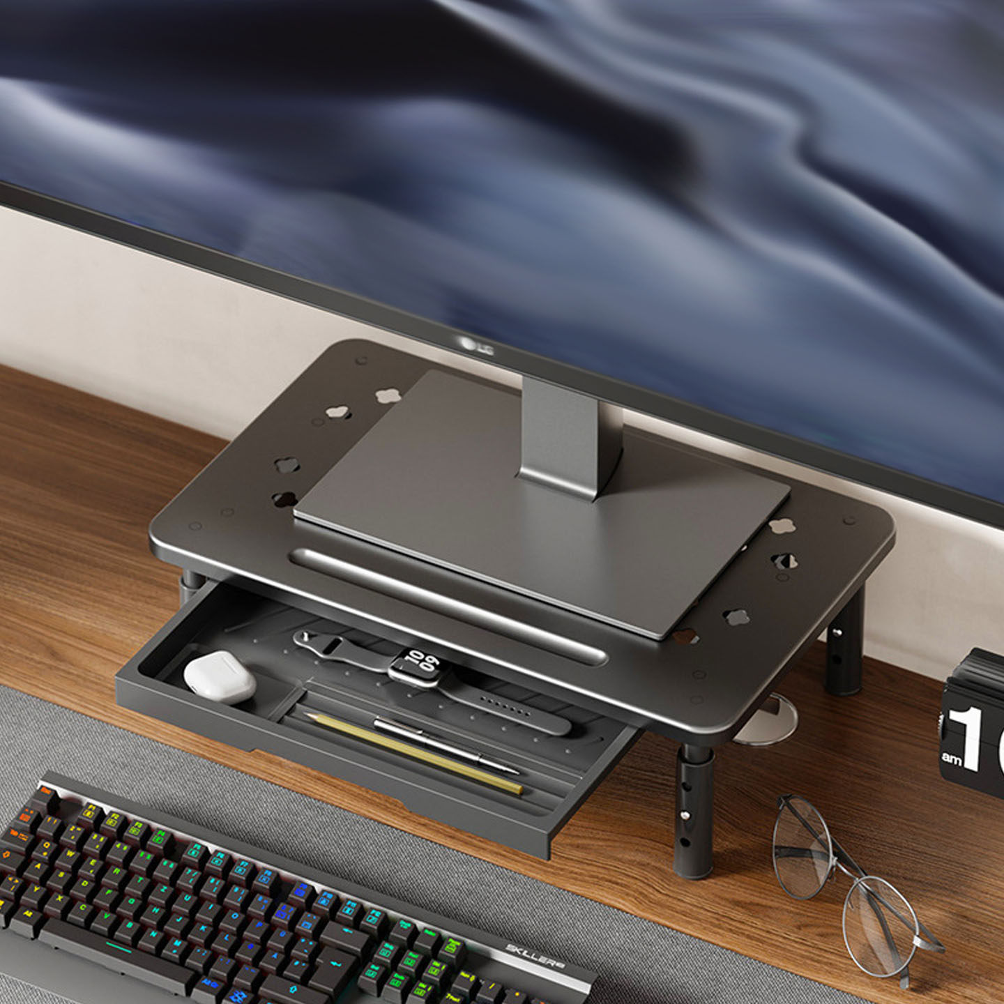 电脑显示器增高架可调节高度带抽屉金属材质散热防滑脚垫护颈加高