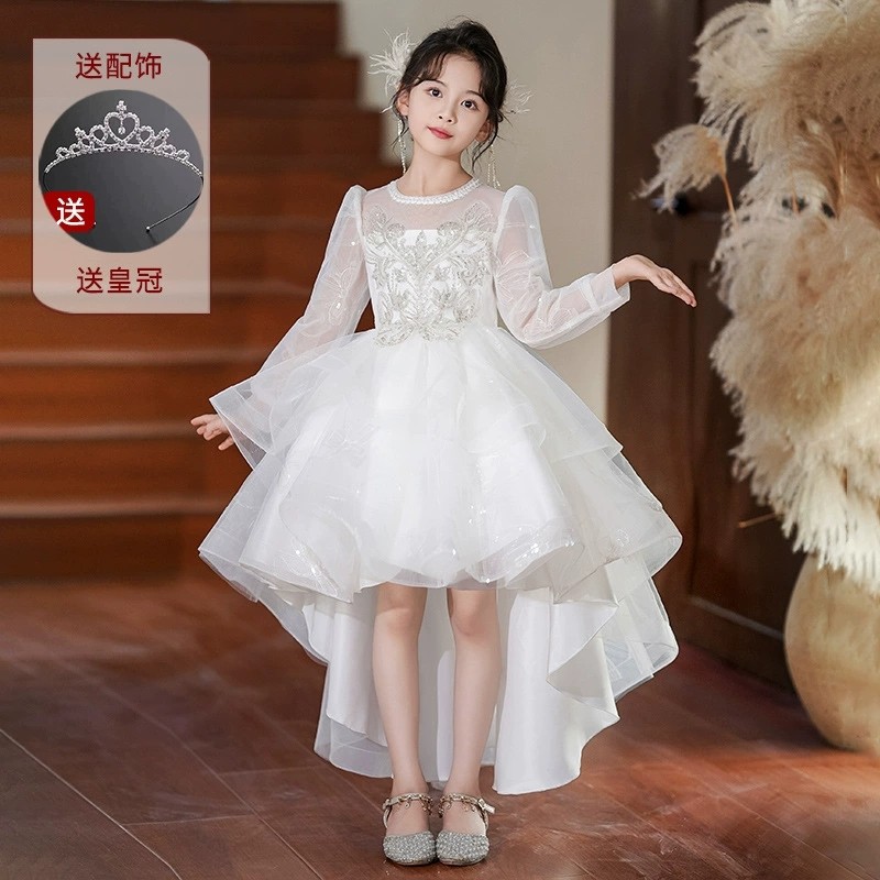 儿童钢琴演出服秋季花童婚纱女童礼服高端白色前短后长亮片公主裙